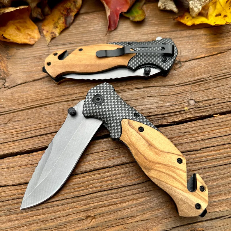 Wooden Handle Folding Knife with Cutting Hook